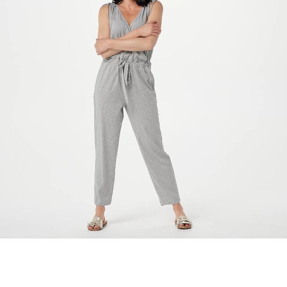 AnyBody Pants - 2X AnyBody Regular Cozy Knit V Neck Surplice Jumpsuit Plus Heather Grey